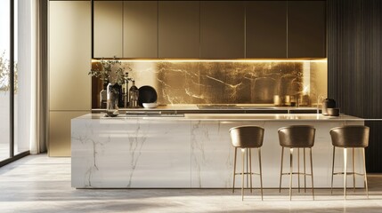 Urban kitchen with modern minimalism, long bar-height island, elegant stools, and golden reflective upper storage
