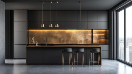 Urban kitchen with modern minimalism, long bar-height island, elegant stools, and golden reflective upper storage