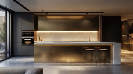 Urban kitchen with modern minimalism, long bar-height island, elegant stools, and golden reflective upper storage