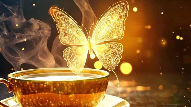 Golden butterfly hovers above a steaming teacup