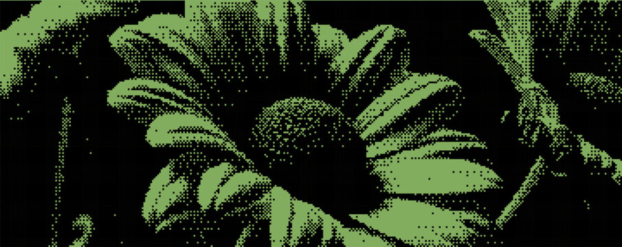 A detailed depiction of a green flower with textured petals and central bloom, showcasing artistic creativity. . Bitmap overlay bg with pixel effect .