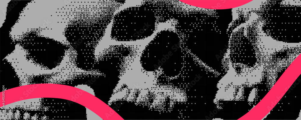 Poster A striking display showcases a series of intricately designed skulls rendered in pixel art style.Bitmap overlay bg with pixel effect.