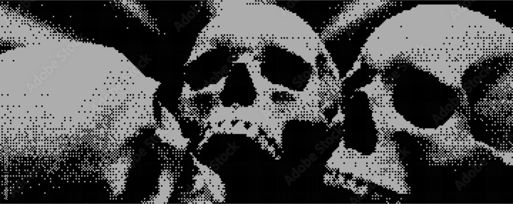 Poster Three intricate skulls are positioned closely together, each displaying unique textures and shades.Bitmap overlay bg with pixel effect .