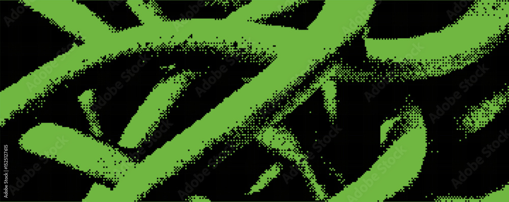Poster Bright green lines twist and turn against a deep black backdrop, forming intricate patterns that evoke movement and energy. Bitmap overlay bg with pixel effect.