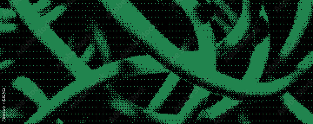 Poster Intricate green lines weave together, creating a visually striking abstract composition on a dark backdrop. Bitmap overlay bg with pixel effect.