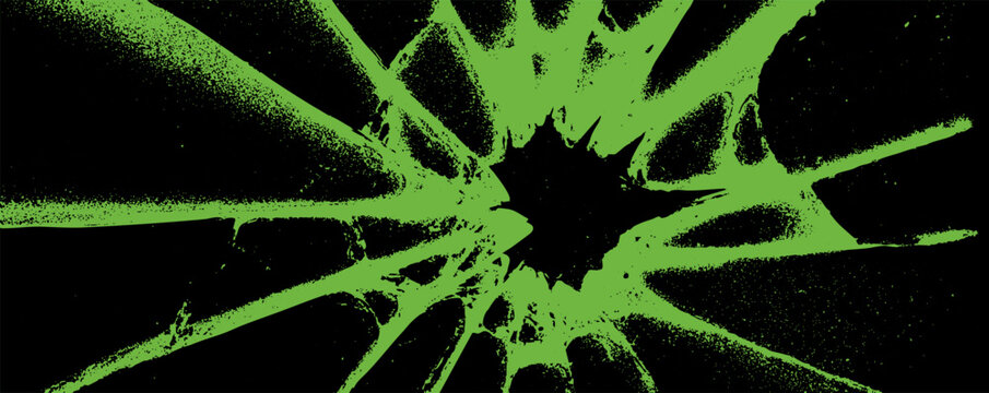 Shattered glass art showcasing vibrant green patterns against a dark background with prominent impact effect