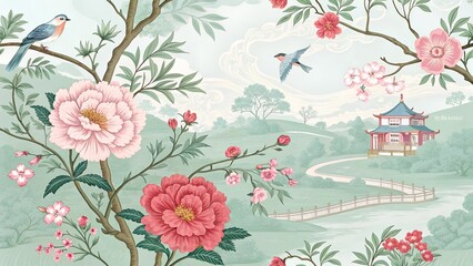 Chinoiserie inspired vintage floral illustration featuring a black and white oriental botanical seamless pattern