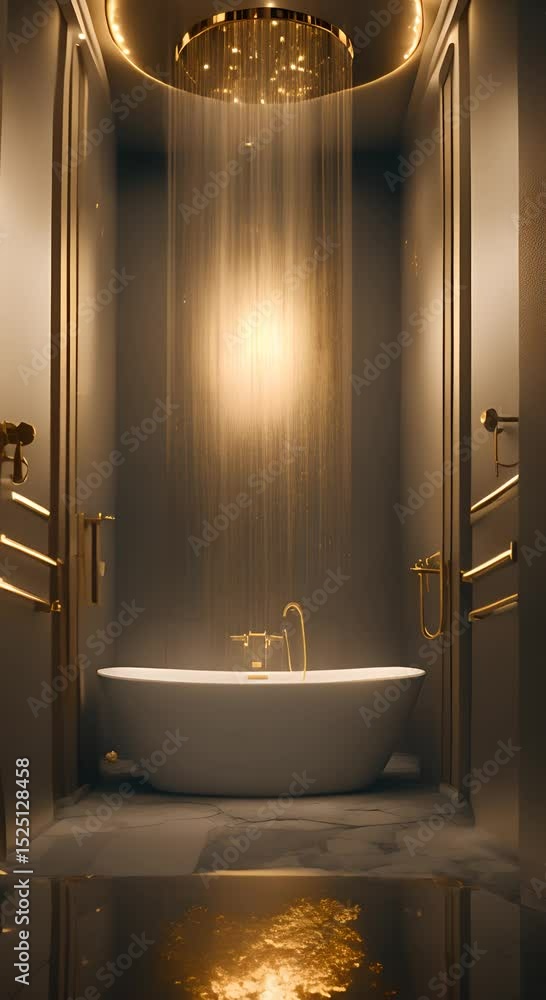 Poster a sparkling luxurious bathroom with golden lighting transforms into a darker eerie setting with visi