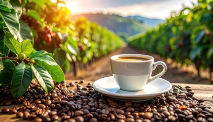 Coffee cup amidst coffee beans and plants in a coffee plantation