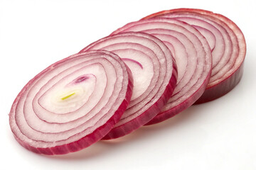 Fototapeta premium Brightly colored, thinly sliced red onion, highlighting its layered structure and fresh appearance.