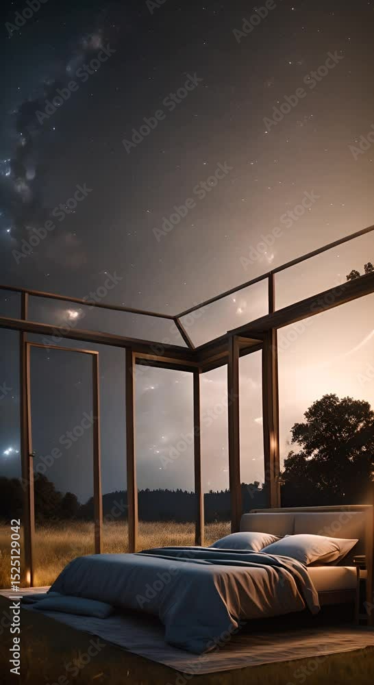 Poster a nighttime scene where the bed is centered in an open meadow with no walls or roof allowing an unob