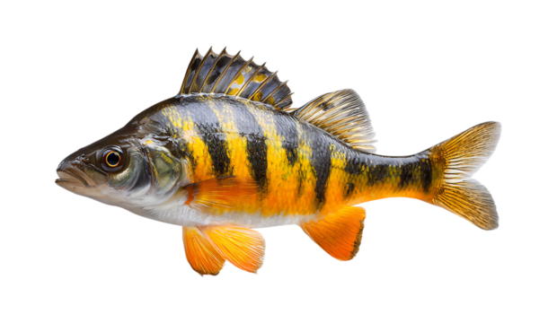 orange and silver fish with dark gray spots on the body and a white belly isolated on a transparent background