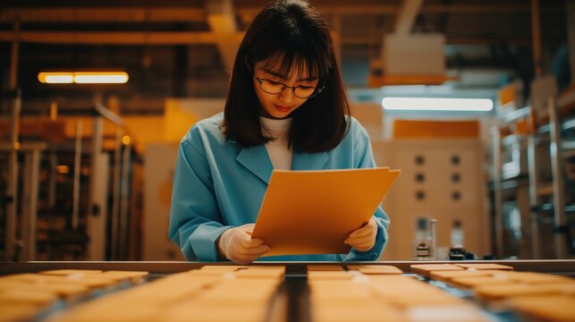 Production controller reading notes on clipboard in factory