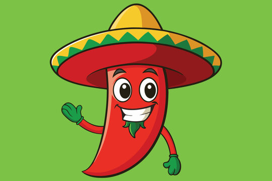 A smiling person wearing a colorful sombrero is a cartoon hot chili pepper