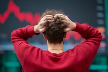 Rear view of a man in a red sweater holding his head in distress in front of a screen showing a falling stock chart. Captures financial loss, crisis, and market volatility.