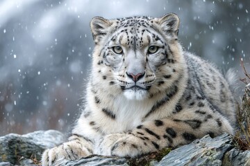 Obraz premium Snow leopard resting on rocks while snowing