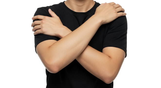 Person hugging self in black shirt feeling lonely and isolated self love and self care concept image on a transparent background