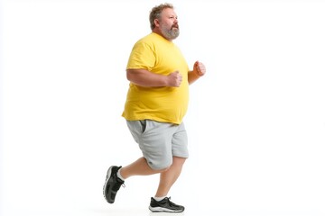 Overweight man in sportswear jogging against a white background, showing determination and motion. Promotes fitness, healthy lifestyle, and body positivity.