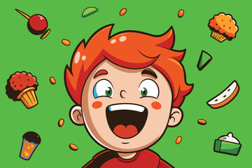 Red comic vector illustration of a funny boy character with a big smile and spiky hair