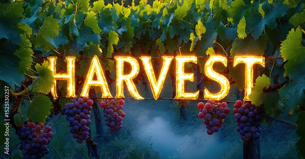 Poster vibrant image displays harvest text over lush vineyard. grapes hang from vines, creating beautiful a