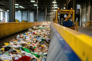 Plastic and paper waste on a conveyor belt inside a recycling facility with industrial machinery. Highlights environmental sustainability, waste management, and recycling processes.