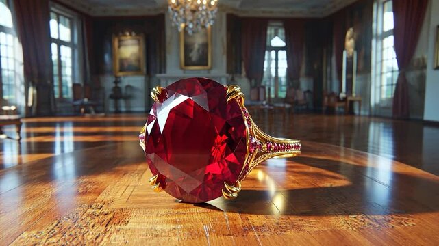 Luxurious ruby ring on wooden table in grand hall