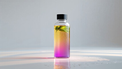Obraz premium A clear bottle with a black lid containing a liquid with leaves and a gradient color effect on table