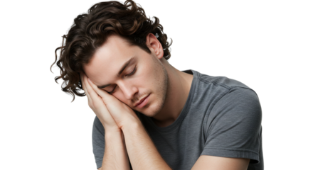 Man sleeping peaceful nap with curly hair on hands in gray shirt sleep aid insomnia remedy photo on a transparent background