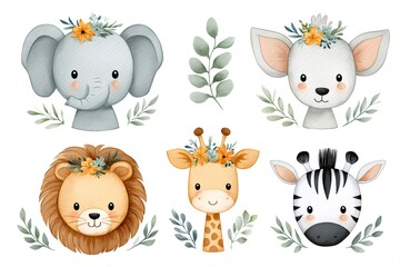 Obraz premium Cute safari animals wearing flower crown posing together