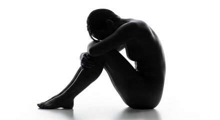 Black and white silhouette of woman expressing sadness and depression on white background for mental health on a transparent background