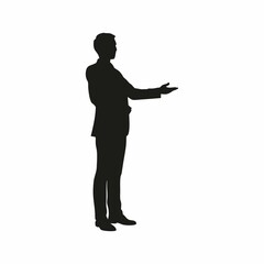 One black silhouette of a businessman standing and pointing business presentation in front of graph vector icon on white background
