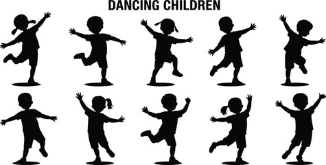 Silhouette illustration of dancing children, energetic kids jumping and moving joyfully, playful childhood moments, perfect for education, fun, and celebration