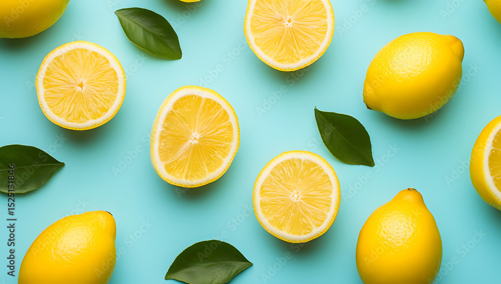 Aufkleber fresh lemon pattern on a bright color background flat lay