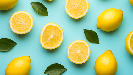 Fototapeta premium Fresh lemon pattern on a bright color background flat lay