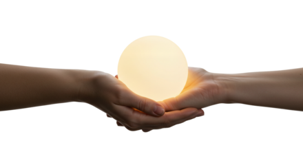 Glowing orb held in hands product shot for energy healing crystal ball and light therapy concept image on a transparent background