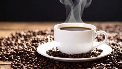 Steaming Coffee Cup on Beans.