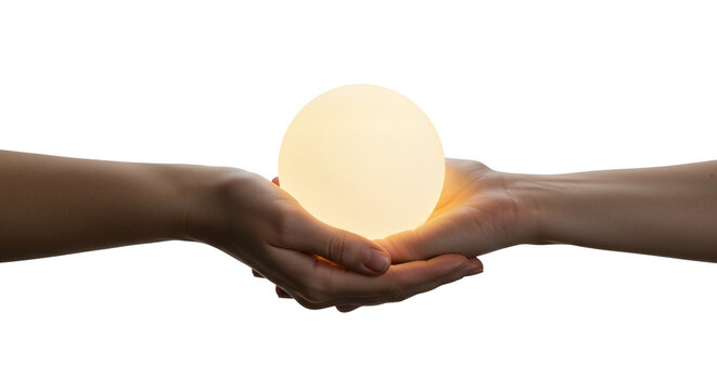 Glowing orb held in hands product shot for energy healing crystal ball and light therapy concept image on a transparent background