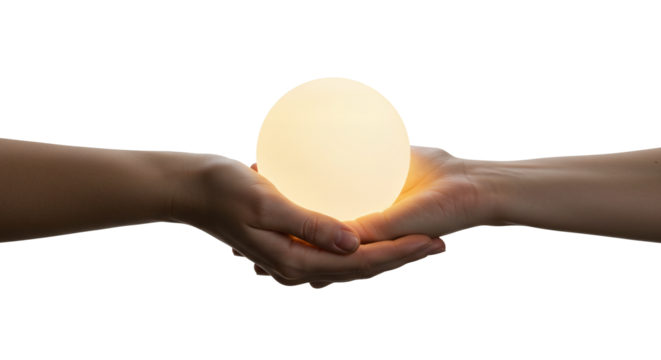 Glowing orb held in hands product shot for energy healing crystal ball and light therapy concept image on a transparent background