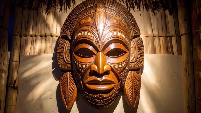 Ornate tribal wooden mask displayed on a wall with bamboo accents and warm lighting.