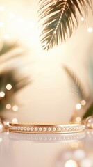 Vertical image of an elegant golden circular podium, encrusted with a line of delicate pearls along its edge. The background features a warm, golden glow with bokeh lights, complemented by palm leaves
