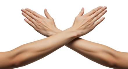 Crossed arms gesture hands sign symbol body language rejection denial no stop negative x shape concept on a transparent background