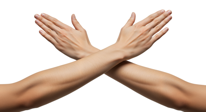 Crossed arms gesture hands sign symbol body language rejection denial no stop negative x shape concept on a transparent background