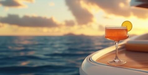 An orange cocktail is served in a coupe glass garnished with a lemon wheel, set on the deck of a yacht. The background reveals a calm ocean, with distant silhouettes of small islands on the sunset.