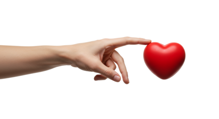 Red heart love concept with hand touching heart valentine day romance and relationship symbol on black background on a transparent background