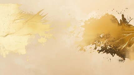 An abstract brushstrokes and splashes in varying shades of gold and beige on a textured background.