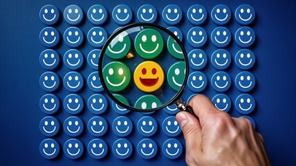 Spotlight on Happiness: A magnifying glass zooms in on a smiling icon amongst many on a vibrant background, representing a focus on joy and well-being.