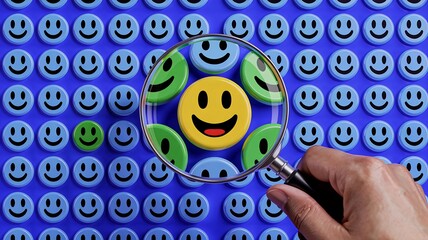 Positive Outlook: A hand holding a magnifying glass focuses on a vibrant smiley face, highlighting a positive outlook and showcasing happiness.