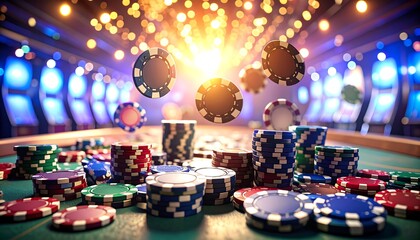 Casino Chips Falling with Gambling Scene.
