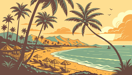 Obraz premium Tropical beach with palm trees and sea - summer resort at sunset 