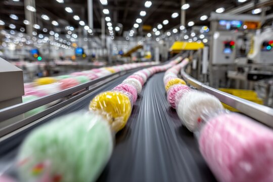 Wrapped Candy Moving on Conveyor Belt Inside a Factory